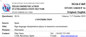 image with the details of ImAc's contribution to the study group in black text on a white background. Along with the ITU logo and study group name underlined on the top half of the page in bold black text
