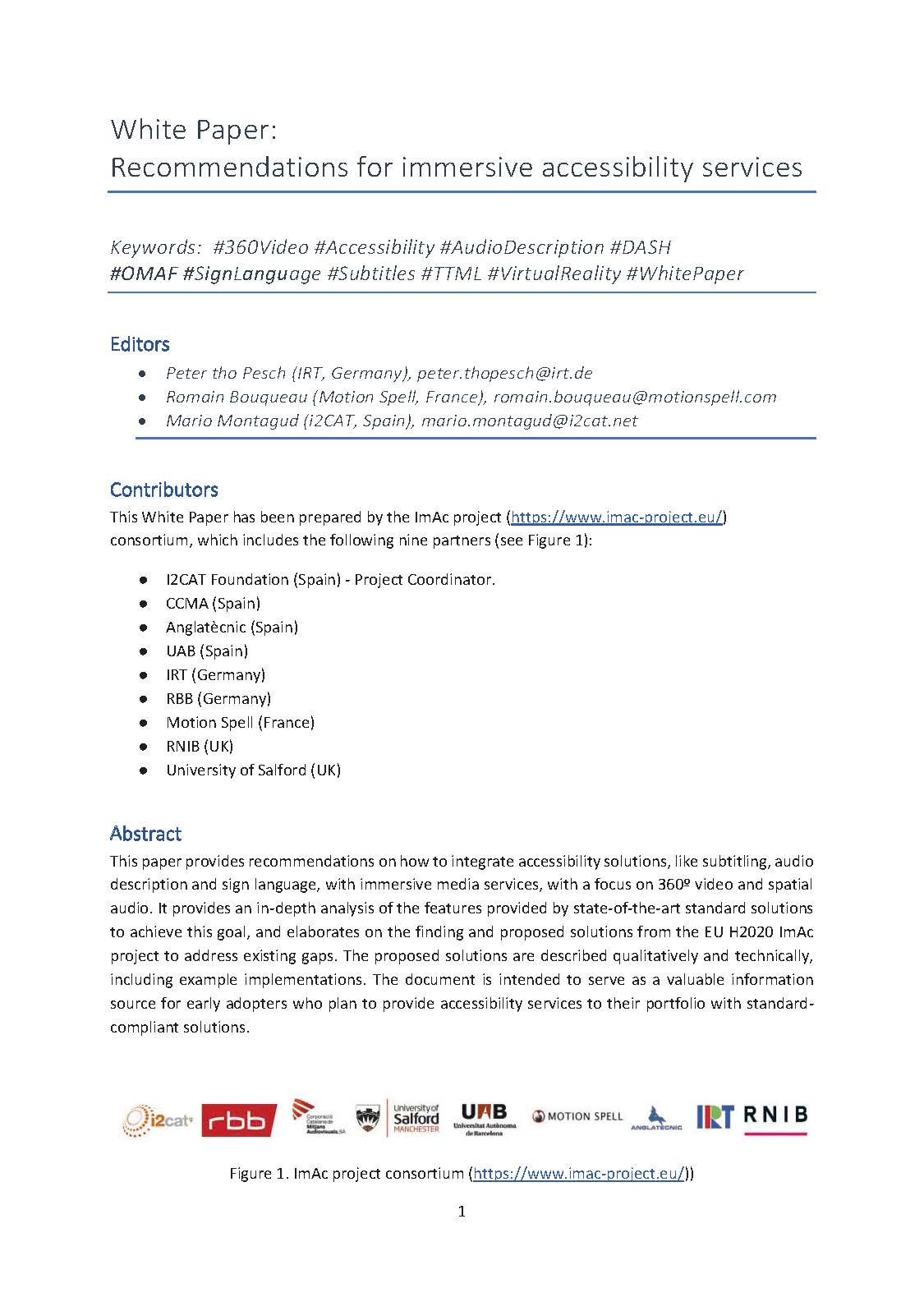 White Paper: Recommendations for Immersive Accessibility Services